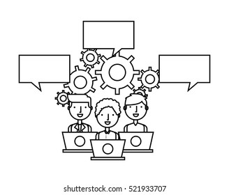 man workers on laptop computer with communication bubbles around over white background. business and strategy design. vector illustration