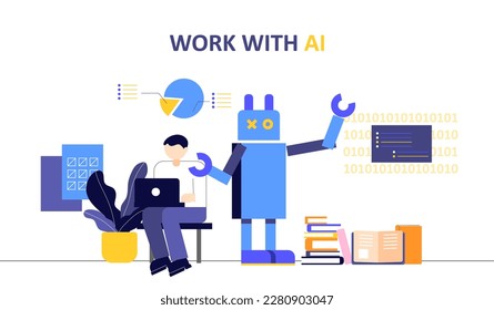 man working with an Ai robot system. Ai showing data base analysis system. Man work with ai.