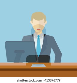 Man working as bank clerk, bank teller workplace vector illustration