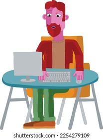 A man working behind desk with a computer workstation in an original abstract cubist flat modern cartoon style. 