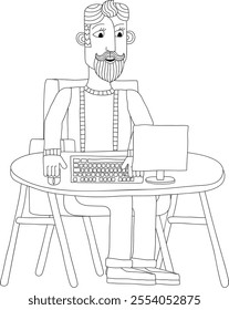 A man working behind desk with a computer workstation in an original abstract cubist flat modern cartoon style. 