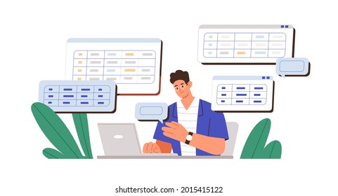 Man working with big data and databases, using laptop and excel tables. Office worker making analysis and report with spreadsheets on computer. Flat vector illustration isolated on white background