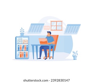 Man working with big data and databases, using laptop and excel tables. flat vector modern illustration 