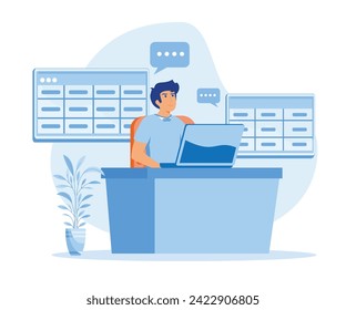 Man working with big data and databases, using laptop and excel tables.  flat vector modern illustration 