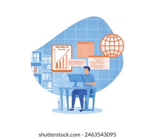 Man working with big data and databases, using laptop and excel tables. Office worker making analysis and report with spreadsheets on computer. flat vector modern illustration 