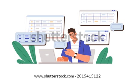 Man working with big data and databases, using laptop and excel tables. Office worker making analysis and report with spreadsheets on computer. Flat vector illustration isolated on white background