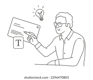 Man working, business presentation, marketing material. Hand drawn vector illustration.