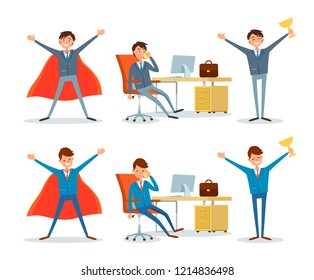 Man working by office table, business superman vector. Workplace of boss, table and personal computer, director won prize, successful awarded worker