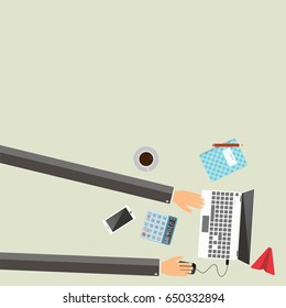 A man is working by using a laptop computer. Long hands typing on a keyboard. Top view. Vector illustration.