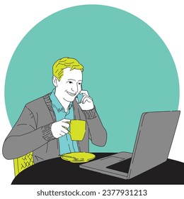 man is working from a cafe enjoying a cup of coffee and cake