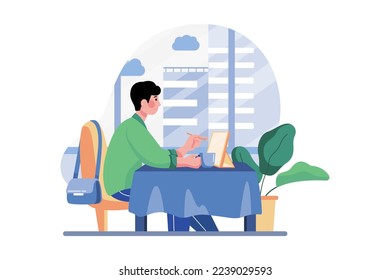 Hombre trabajando desde un concepto de ilustración de café. Ilustración plana aislada en fondo blanco