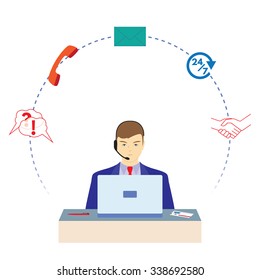 Man working in a call center. Call center. Support service. Concept, illustration, elements for design.