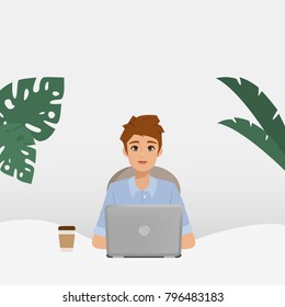 a man working character with laptop computer on desk. freelance job concept.
