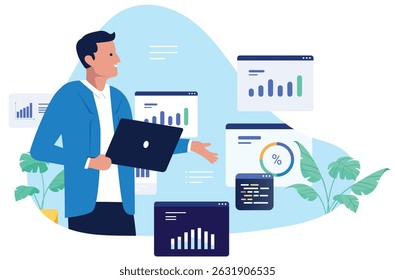 Man working with charts - Businessman or person with computer looking at graphs and diagrams analysing data and business finances. Flat design vector illustration on white background