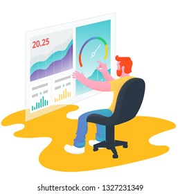 Man working with charts in large dashboard apps. Business data analysis. Vector illustration.