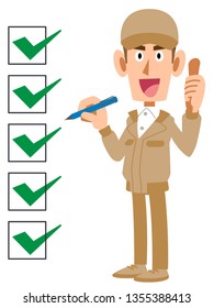 A Man in working clothes that have been checked