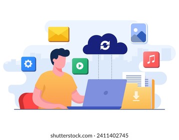 Hombre trabajando con servicio de cloud computing y base de datos, Sincronizar datos, Compartir archivos de forma segura, Cargar y descargar archivos en el servidor cloud, Backup de datos, Almacenamiento en nube en línea