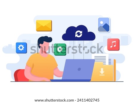 Man working with cloud computing and database service, Synchronize data, Secure file sharing, Upload and download files in the cloud server, Data backup, Online cloud storage