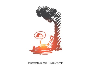 Man, working, cloud service, internet, network concept. Hand drawn man working with laptop sitting under tree concept sketch. Isolated vector illustration.