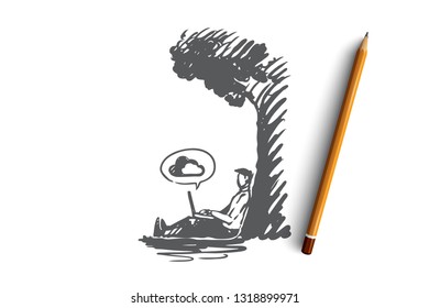 Man, working, cloud service, internet, network concept. Hand drawn man working with laptop sitting under tree concept sketch. Isolated vector illustration.