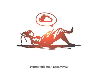 Man, working, cloud service, remote work concept. Hand drawn man lying on the couch and working with cloud technologies concept sketch. Isolated vector illustration.