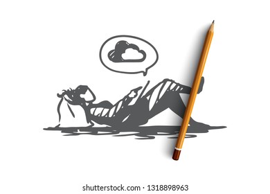 Man, working, cloud service, remote work concept. Hand drawn man lying on the couch and working with cloud technologies concept sketch. Isolated vector illustration.