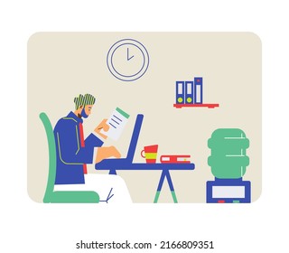 Hombre trabajando en una oficina cómoda o desde casa, ilustración vectorial de caricatura plana aislada de fondo blanco. El hogar o la ocupación independiente ocupan un concepto moderno.