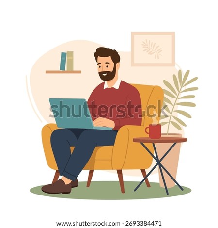 man working comfortably, relaxed bearded man engaged with laptop in inviting home workspace