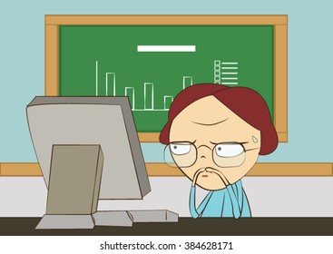man working with computer and blackboard in the blue room