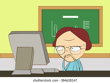 man working with computer and blackboard in the room