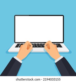 Man working at the computer. Boy type or print on a keyboard in front of a blank white monitor. Laptop template with empty screen. Vector illustration.