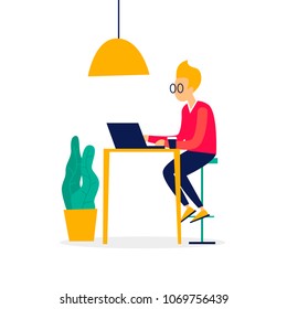 Man working at a computer in a cafe, character, office, business, programmer. Interior, workplace. Flat style vector illustration.