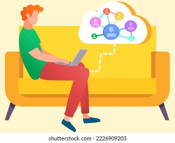 Man working with computer, chatting with employees. Freelance or internet job concept. Person with laptop sitting on couch. Guy studying courses online. Male freelancer works with electronic device
