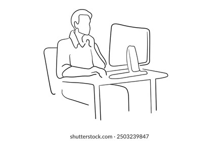 Man working at computer continuous line art drawing isolated on white background. Vector illustration
