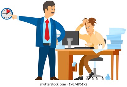 Man working at computer and doing paperwork to finish task. Boss urges employee to complete assignment on time. Angry director with subordinate work to deal with deadline. Business people at workplace