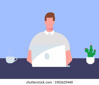 a man working at a computer, drinking coffee, cactus on the table, workplace, during quarantine, vector illustration