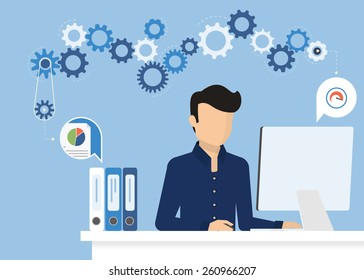 Man Is Working With Computer. Flat Modern Illustration Of Working Process At Work Desk. Vector Young Man Character Writing Or Typing Email Or Study On Computer. Working Process With Desk And Gears