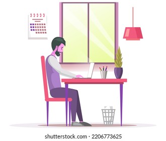 Man working with computer. Freelance or Internet job concept. Businessman sitting at table with laptop at workplace. Guy studying courses online. Male freelancer working typing on keyboard in office