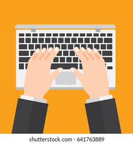 man working with computer. hand typing. vector illustration. information technology and business design concept.