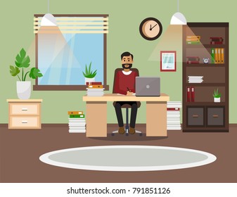 A man is working at a computer in his office. Vector illustration.