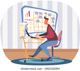 Man is working with computer at home. Freelancer working with laptop remotely. Male character sitting at workplace and doing his work. Guy with board with sticker tasks. Employee makes notes