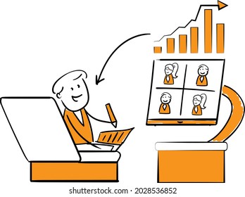 Man working with computer at home office concept. Teleconference and online business call Talking with Colleagues about business grow - success business concept .isolated vector illustration doodle
