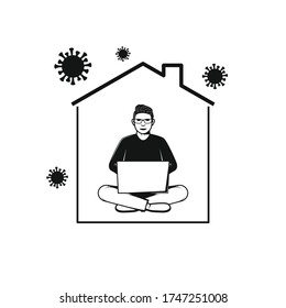 Man working with computer in home. Stay at Home icon on white