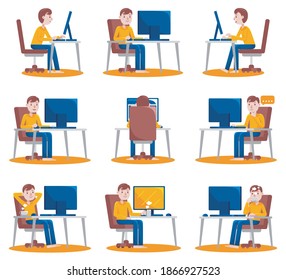 Man Working with Computer at Home with Vector Illustration.
