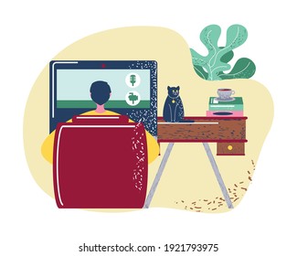 man working with computer at home video conference vector illustration
