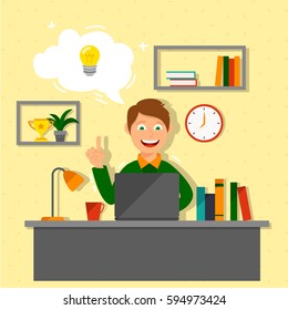 The man is working at the computer. Idea. Businessman.