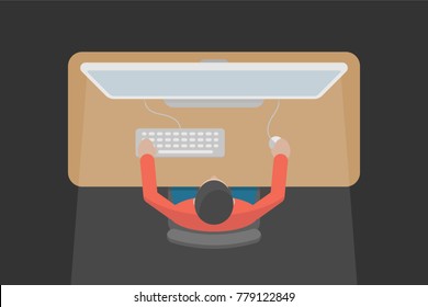  Man is working at a computer indoors. Top view.  Flat vector illustration,eps 10.
