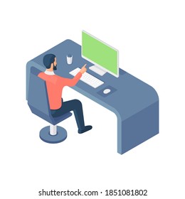 Man working at computer isometric vector illustration. Male character is sitting table with green monitor and keyboard. Professional freelancer is preparing new project for delivery.