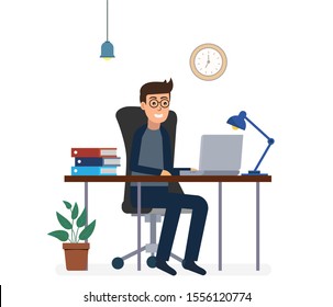 Man working with computer laptop flat design. businessman man at table, character work manager vector illustration