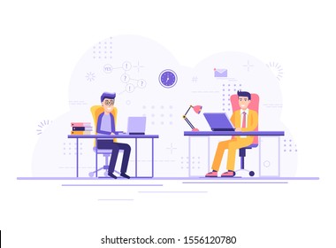 Man working with computer laptop flat design. businessman man at table, character work manager vector illustration